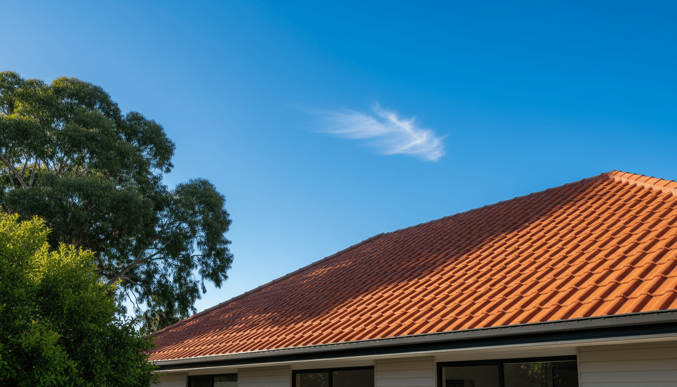 Restored terracotta roof on a Sydney home under a clear blue sky with morning light casting long shadows