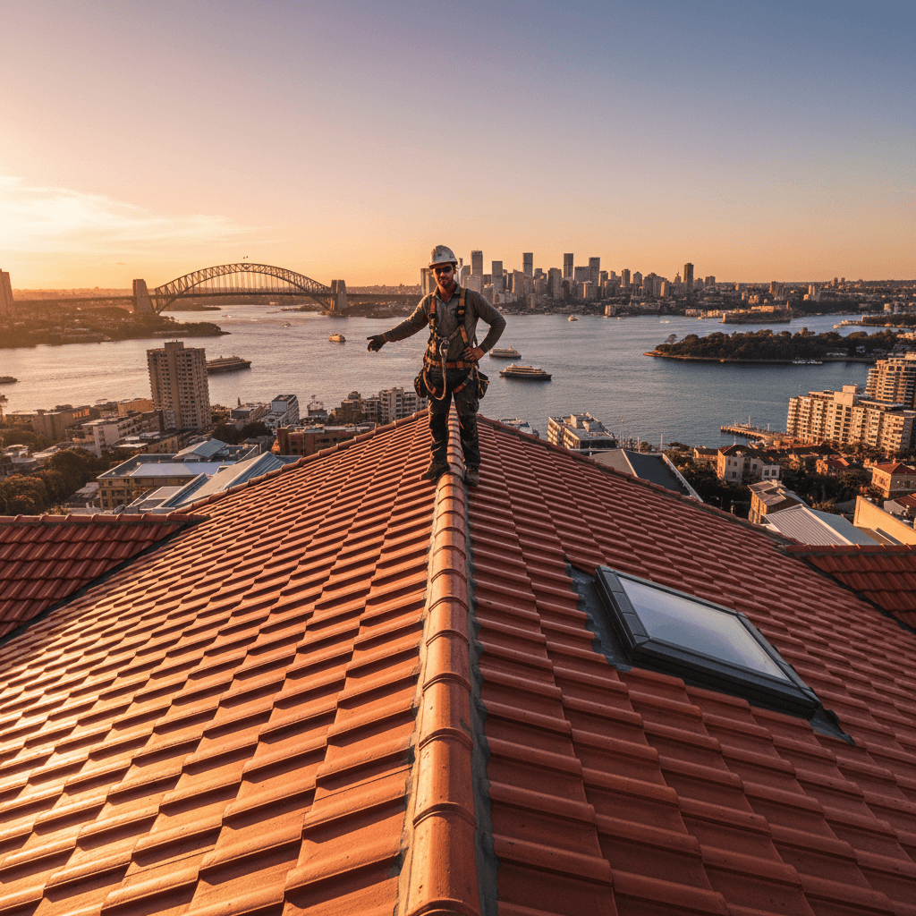 A dramatic, documentary-style wide shot of a Sydney roofer walking along a restored roof ridge, inspecting finished work.