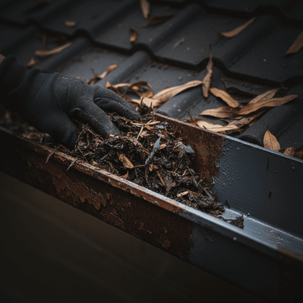 Close-up of gutter cleaning with debris removed, Sydney exterior maintenance