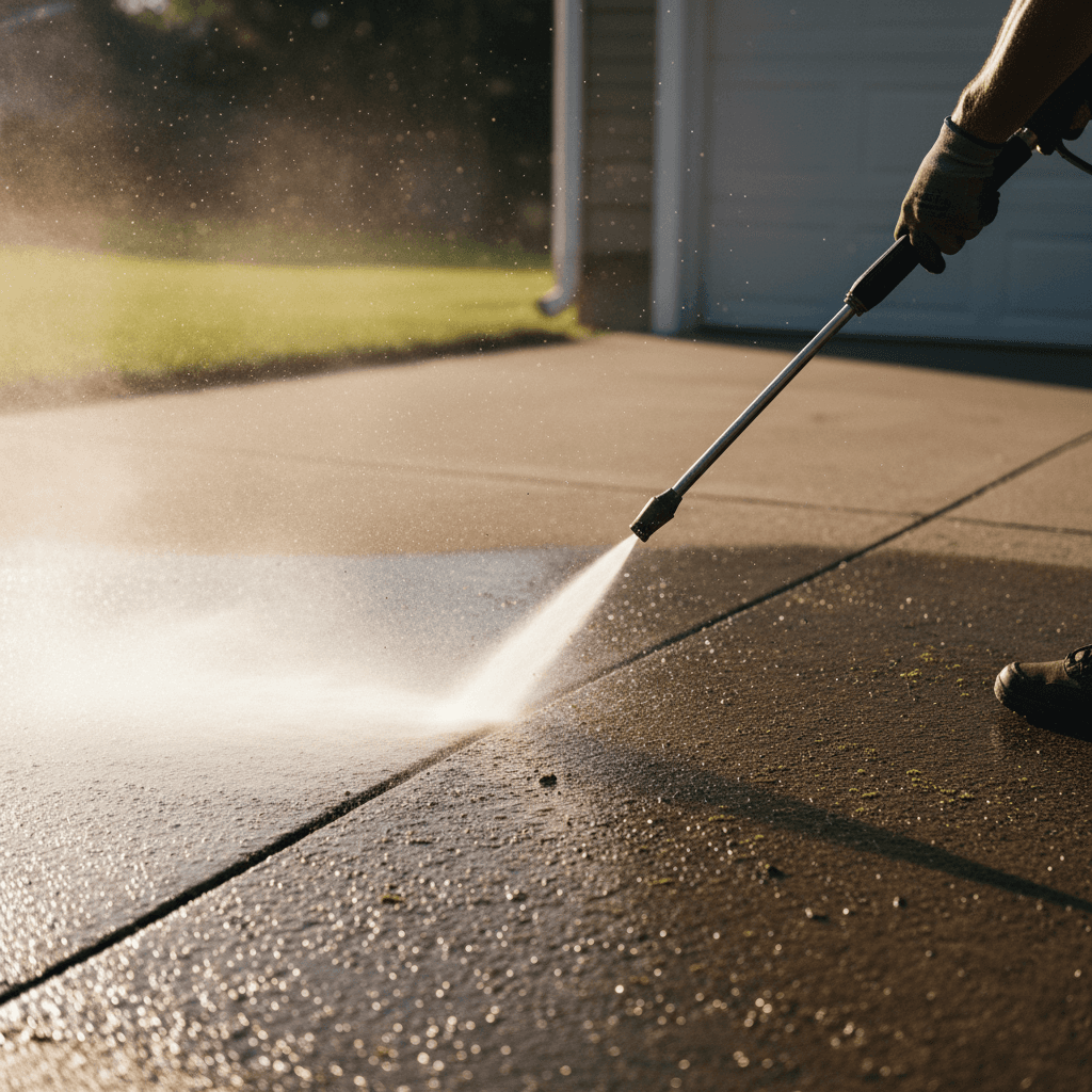 Pressure washer spraying water across a concrete driveway, cleaning grime in a V-shaped pattern.