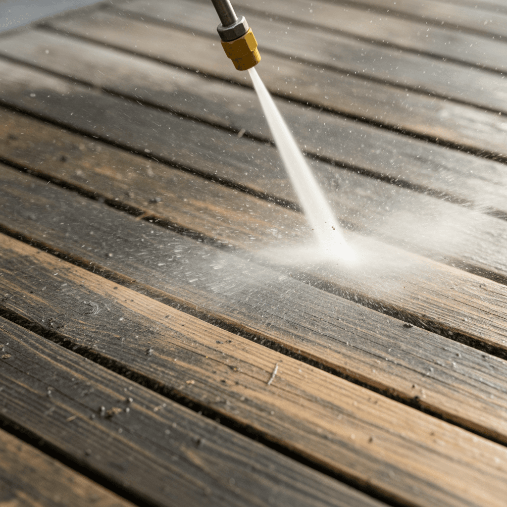 Pressure cleaning a wooden deck, spray fan pattern revealing warm timber grain