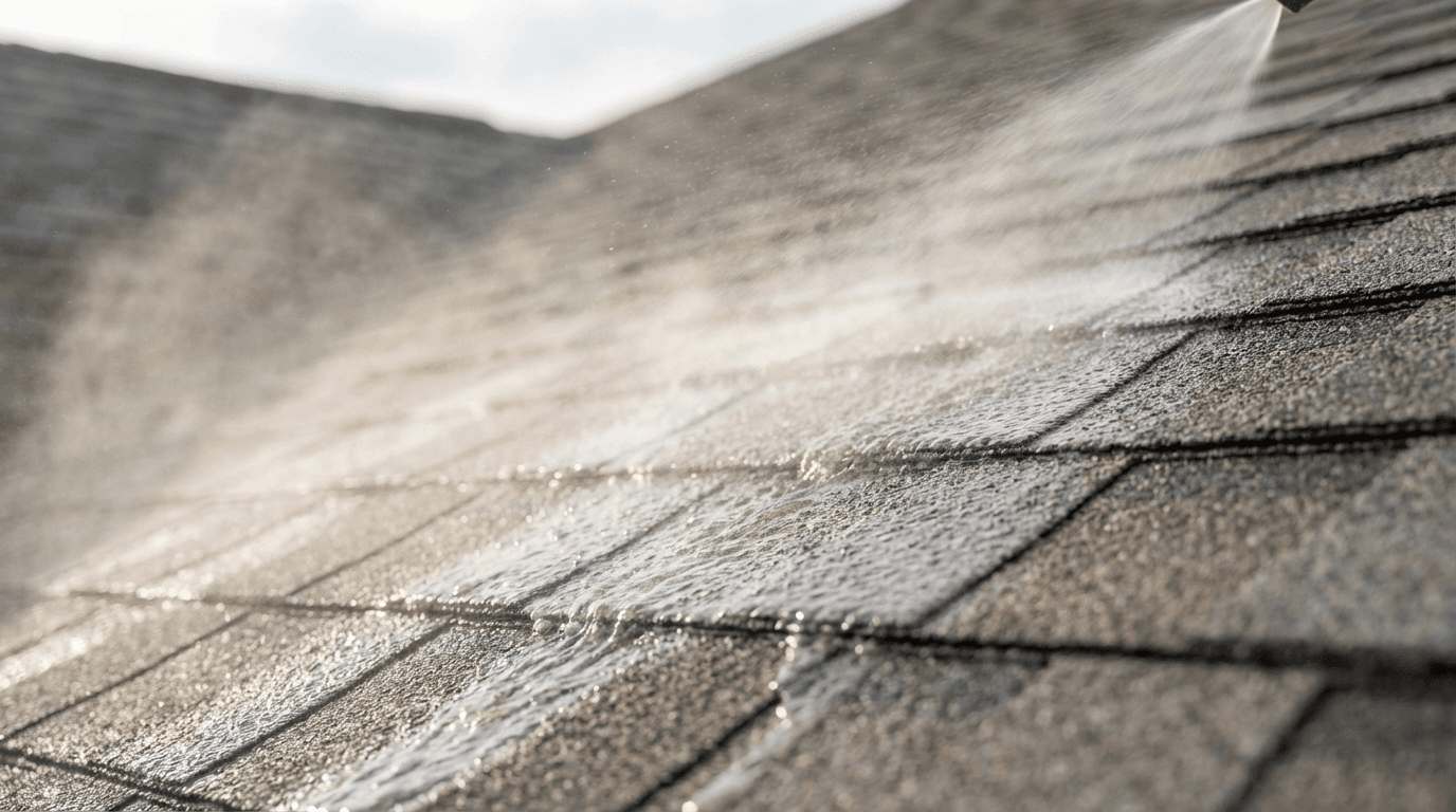 Wide view of a freshly restored terracotta roof with clean tiles and bright blue sky.