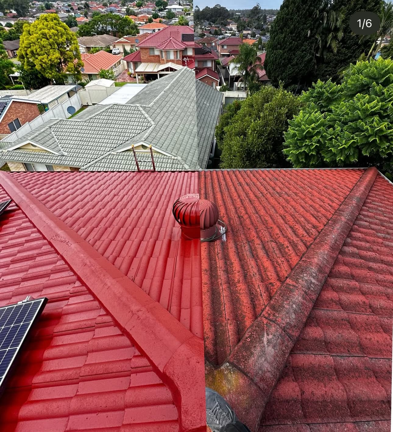 Split view comparing a weathered red tiled roof with a freshly restored red roof.