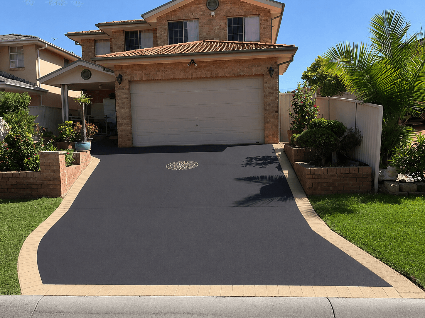 Dark grey driveway with tan brick borders and a central emblem before a house.